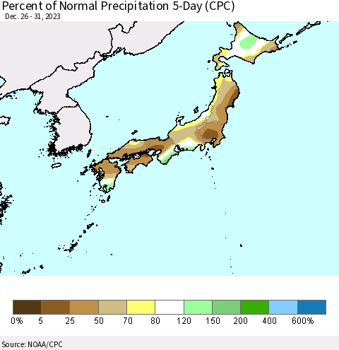Japan Percent of Normal Precipitation 5-Day (CPC) Thematic Map For 12/26/2023 - 12/31/2023