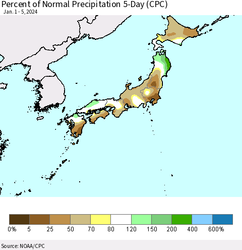 Japan Percent of Normal Precipitation 5-Day (CPC) Thematic Map For 1/1/2024 - 1/5/2024