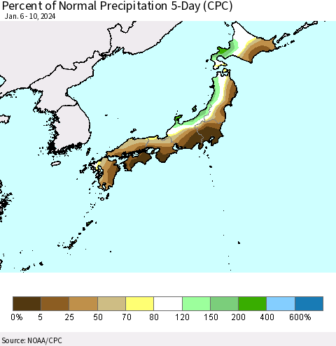 Japan Percent of Normal Precipitation 5-Day (CPC) Thematic Map For 1/6/2024 - 1/10/2024