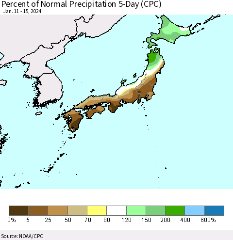 Japan Percent of Normal Precipitation 5-Day (CPC) Thematic Map For 1/11/2024 - 1/15/2024