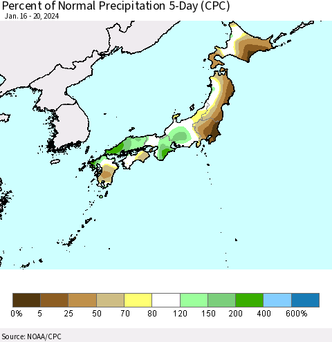 Japan Percent of Normal Precipitation 5-Day (CPC) Thematic Map For 1/16/2024 - 1/20/2024