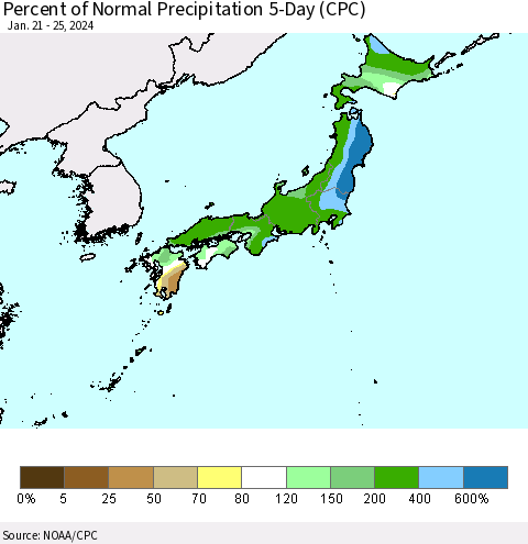 Japan Percent of Normal Precipitation 5-Day (CPC) Thematic Map For 1/21/2024 - 1/25/2024