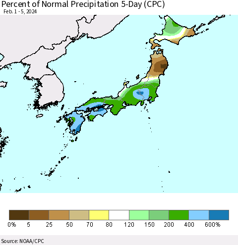Japan Percent of Normal Precipitation 5-Day (CPC) Thematic Map For 2/1/2024 - 2/5/2024