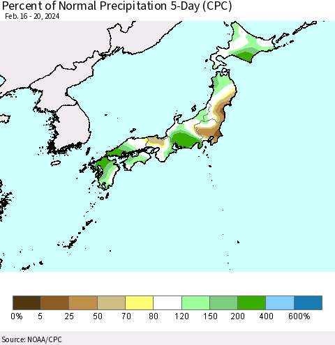 Japan Percent of Normal Precipitation 5-Day (CPC) Thematic Map For 2/16/2024 - 2/20/2024