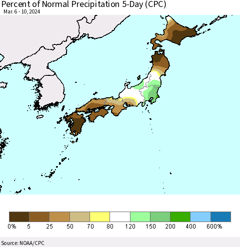Japan Percent of Normal Precipitation 5-Day (CPC) Thematic Map For 3/6/2024 - 3/10/2024