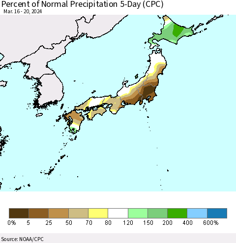 Japan Percent of Normal Precipitation 5-Day (CPC) Thematic Map For 3/16/2024 - 3/20/2024