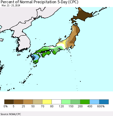Japan Percent of Normal Precipitation 5-Day (CPC) Thematic Map For 3/21/2024 - 3/25/2024