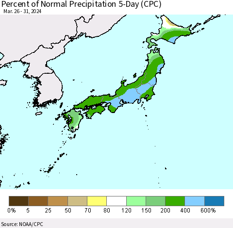 Japan Percent of Normal Precipitation 5-Day (CPC) Thematic Map For 3/26/2024 - 3/31/2024