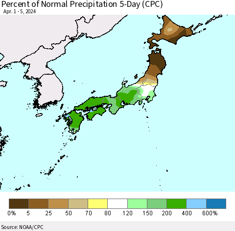 Japan Percent of Normal Precipitation 5-Day (CPC) Thematic Map For 4/1/2024 - 4/5/2024