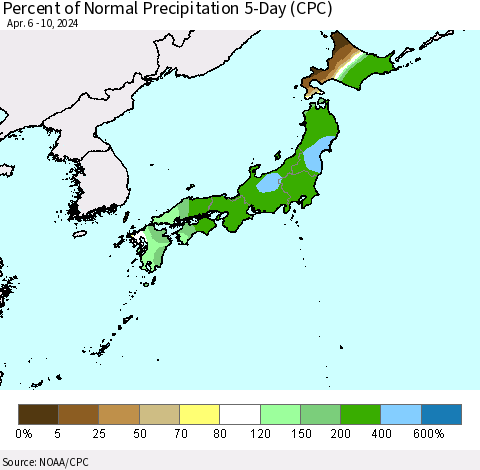 Japan Percent of Normal Precipitation 5-Day (CPC) Thematic Map For 4/6/2024 - 4/10/2024