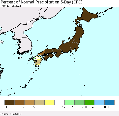 Japan Percent of Normal Precipitation 5-Day (CPC) Thematic Map For 4/11/2024 - 4/15/2024
