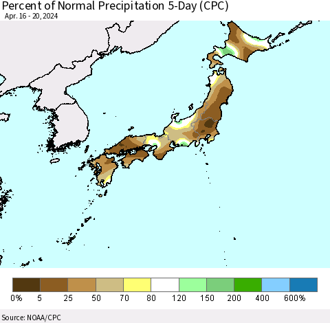 Japan Percent of Normal Precipitation 5-Day (CPC) Thematic Map For 4/16/2024 - 4/20/2024