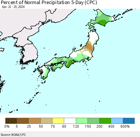 Japan Percent of Normal Precipitation 5-Day (CPC) Thematic Map For 4/21/2024 - 4/25/2024