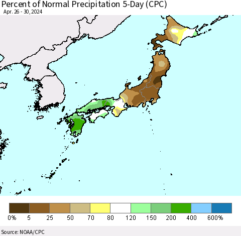 Japan Percent of Normal Precipitation 5-Day (CPC) Thematic Map For 4/26/2024 - 4/30/2024