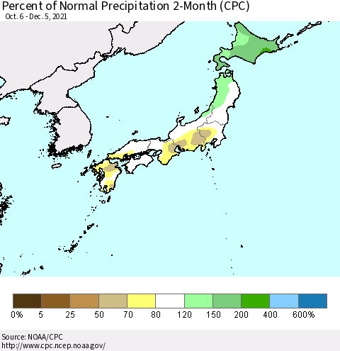 Japan Percent of Normal Precipitation 2-Month (CPC) Thematic Map For 10/6/2021 - 12/5/2021