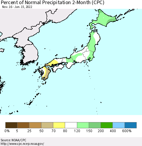 Japan Percent of Normal Precipitation 2-Month (CPC) Thematic Map For 11/16/2021 - 1/15/2022