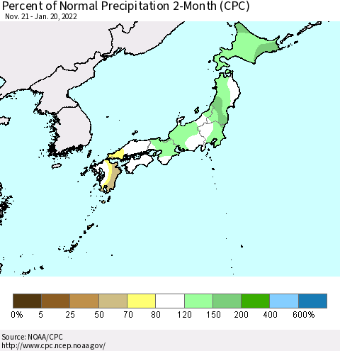 Japan Percent of Normal Precipitation 2-Month (CPC) Thematic Map For 11/21/2021 - 1/20/2022