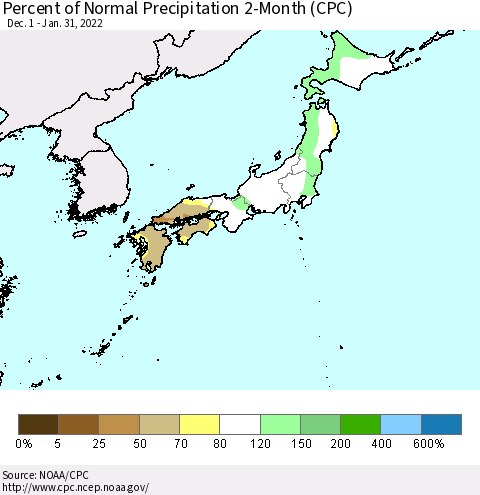 Japan Percent of Normal Precipitation 2-Month (CPC) Thematic Map For 12/1/2021 - 1/31/2022