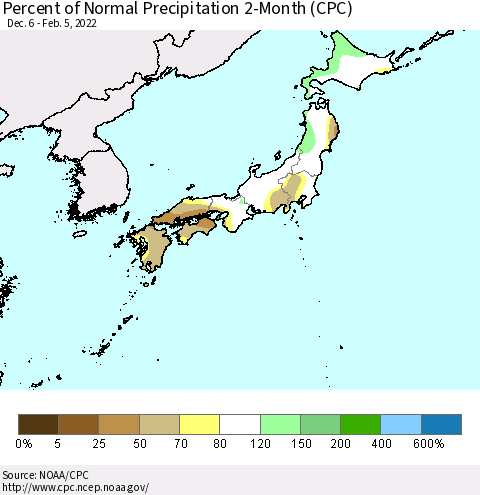 Japan Percent of Normal Precipitation 2-Month (CPC) Thematic Map For 12/6/2021 - 2/5/2022