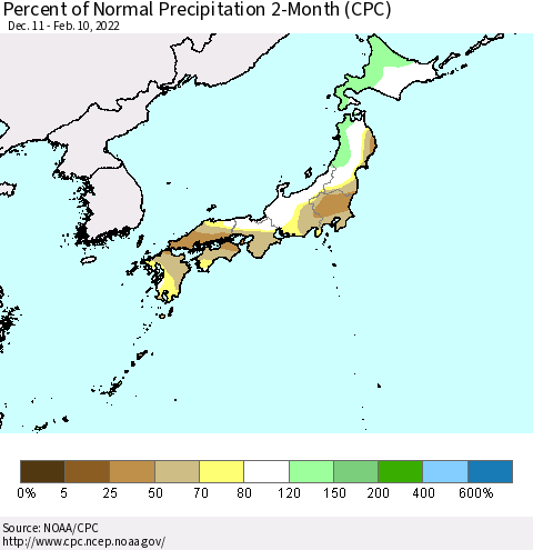 Japan Percent of Normal Precipitation 2-Month (CPC) Thematic Map For 12/11/2021 - 2/10/2022