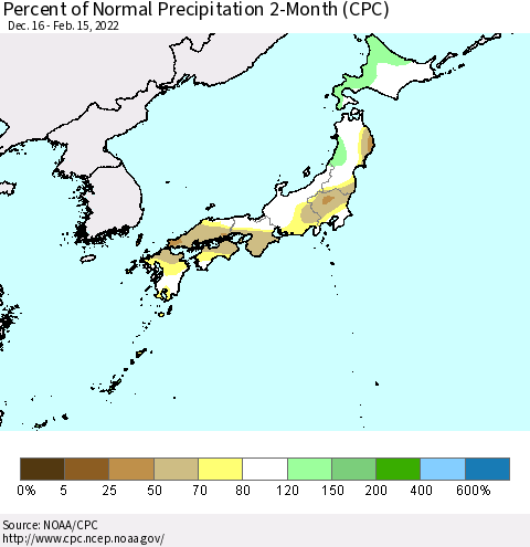 Japan Percent of Normal Precipitation 2-Month (CPC) Thematic Map For 12/16/2021 - 2/15/2022