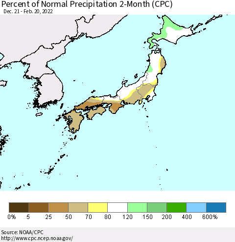 Japan Percent of Normal Precipitation 2-Month (CPC) Thematic Map For 12/21/2021 - 2/20/2022