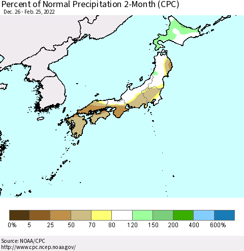 Japan Percent of Normal Precipitation 2-Month (CPC) Thematic Map For 12/26/2021 - 2/25/2022