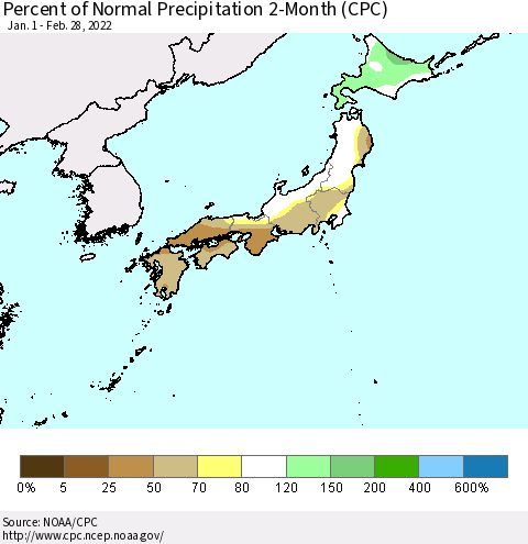 Japan Percent of Normal Precipitation 2-Month (CPC) Thematic Map For 1/1/2022 - 2/28/2022