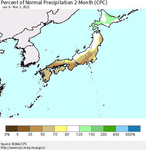 Japan Percent of Normal Precipitation 2-Month (CPC) Thematic Map For 1/6/2022 - 3/5/2022