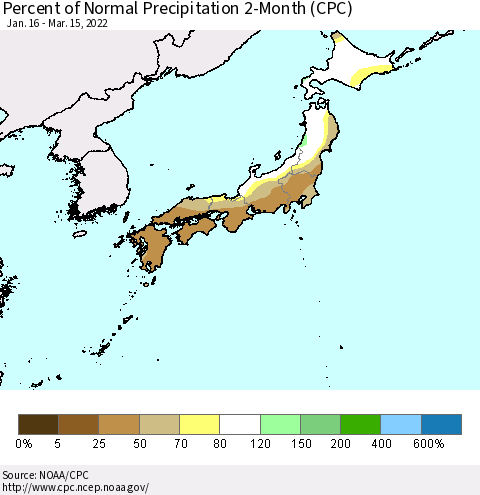 Japan Percent of Normal Precipitation 2-Month (CPC) Thematic Map For 1/16/2022 - 3/15/2022