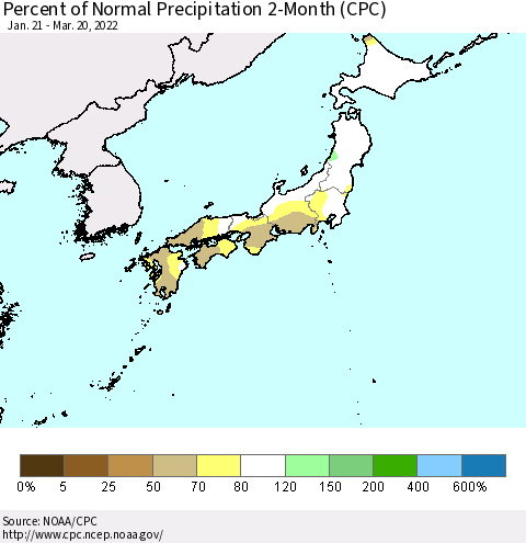 Japan Percent of Normal Precipitation 2-Month (CPC) Thematic Map For 1/21/2022 - 3/20/2022