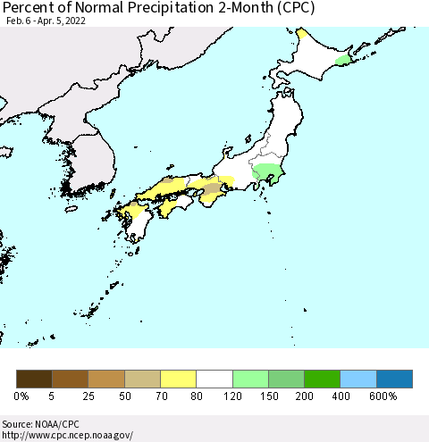 Japan Percent of Normal Precipitation 2-Month (CPC) Thematic Map For 2/6/2022 - 4/5/2022