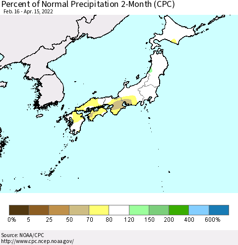 Japan Percent of Normal Precipitation 2-Month (CPC) Thematic Map For 2/16/2022 - 4/15/2022