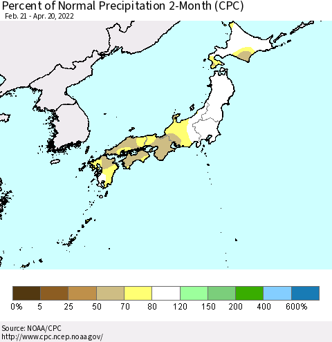 Japan Percent of Normal Precipitation 2-Month (CPC) Thematic Map For 2/21/2022 - 4/20/2022