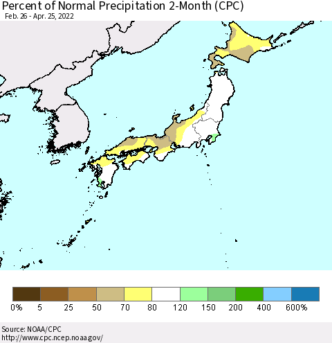 Japan Percent of Normal Precipitation 2-Month (CPC) Thematic Map For 2/26/2022 - 4/25/2022