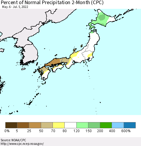 Japan Percent of Normal Precipitation 2-Month (CPC) Thematic Map For 5/6/2022 - 7/5/2022