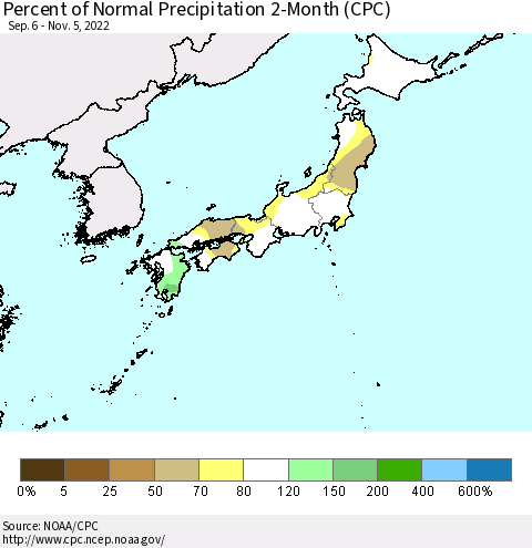 Japan Percent of Normal Precipitation 2-Month (CPC) Thematic Map For 9/6/2022 - 11/5/2022