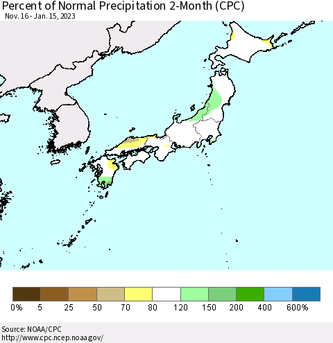 Japan Percent of Normal Precipitation 2-Month (CPC) Thematic Map For 11/16/2022 - 1/15/2023