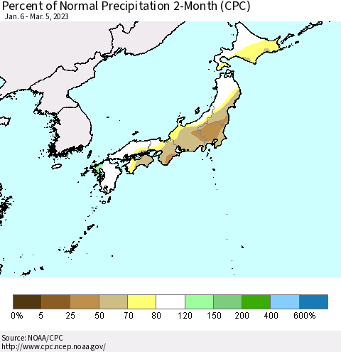 Japan Percent of Normal Precipitation 2-Month (CPC) Thematic Map For 1/6/2023 - 3/5/2023