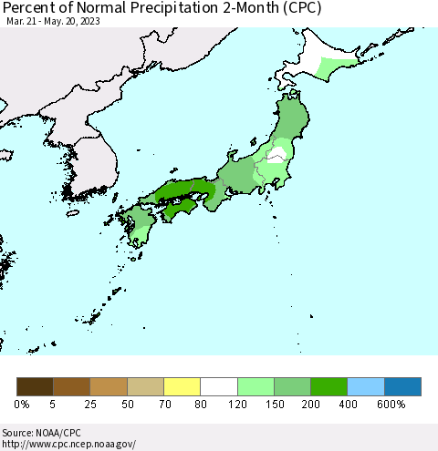 Japan Percent of Normal Precipitation 2-Month (CPC) Thematic Map For 3/21/2023 - 5/20/2023