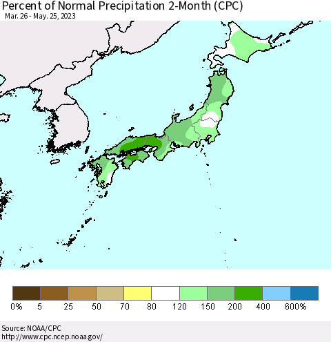 Japan Percent of Normal Precipitation 2-Month (CPC) Thematic Map For 3/26/2023 - 5/25/2023