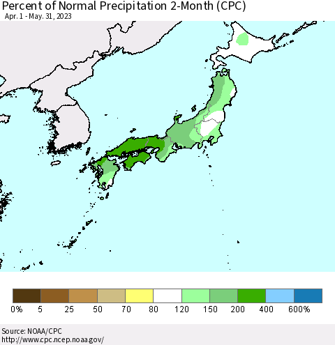 Japan Percent of Normal Precipitation 2-Month (CPC) Thematic Map For 4/1/2023 - 5/31/2023