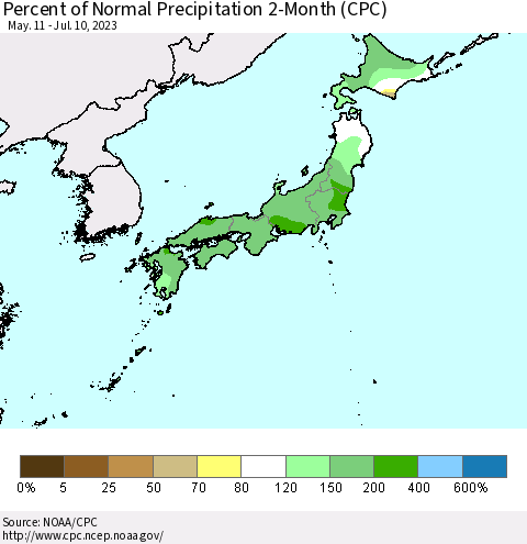 Japan Percent of Normal Precipitation 2-Month (CPC) Thematic Map For 5/11/2023 - 7/10/2023