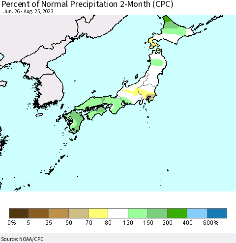 Japan Percent of Normal Precipitation 2-Month (CPC) Thematic Map For 6/26/2023 - 8/25/2023