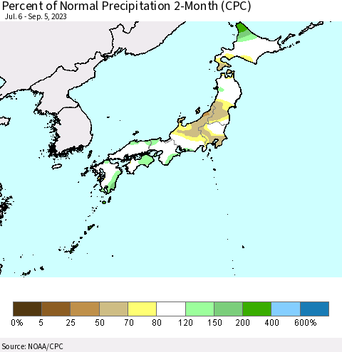 Japan Percent of Normal Precipitation 2-Month (CPC) Thematic Map For 7/6/2023 - 9/5/2023