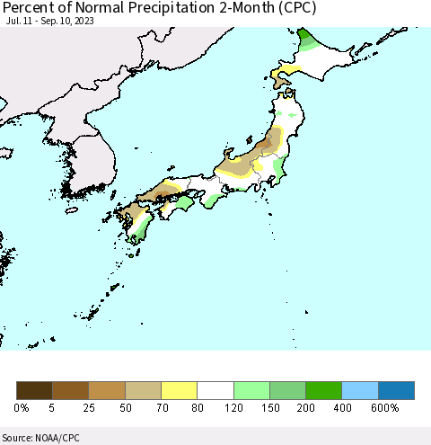 Japan Percent of Normal Precipitation 2-Month (CPC) Thematic Map For 7/11/2023 - 9/10/2023