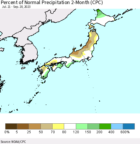 Japan Percent of Normal Precipitation 2-Month (CPC) Thematic Map For 7/21/2023 - 9/20/2023