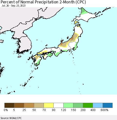 Japan Percent of Normal Precipitation 2-Month (CPC) Thematic Map For 7/26/2023 - 9/25/2023