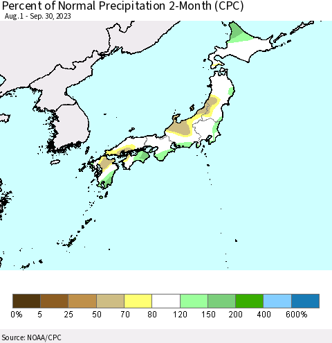 Japan Percent of Normal Precipitation 2-Month (CPC) Thematic Map For 8/1/2023 - 9/30/2023