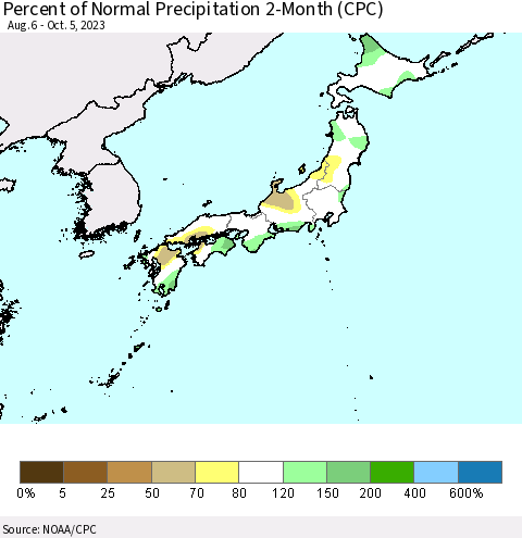 Japan Percent of Normal Precipitation 2-Month (CPC) Thematic Map For 8/6/2023 - 10/5/2023